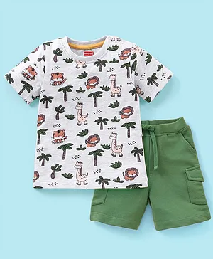 Babyhug 100% Cotton Half Sleeves Tee With Shorts Set Tiger & Lion Print- White & Olive