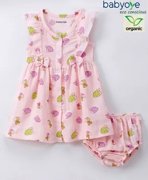 Babyoye Eco Conscious With Eco Jiva Finish 100% Organic Cotton Muslin Sleeveless Frock With Bloomer Ladybug Print- Pink