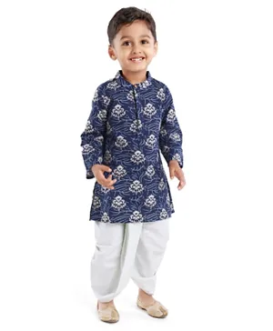 Babyhug 100% Cotton Full Sleeves Kurta & Lurex Dhoti Set Floral Print - Indigo