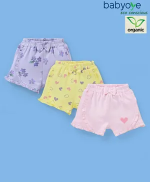 Babyoye Eco Conscious With Eco Jiva Finish 100% Organic Cotton Shorts Hearts & Floral Pack of 3- Pink & Yellow