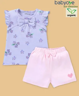 Babyoye Eco-Conscious 100% Cotton With Eco Jiva Finish Short Sleeves Tee & Shorts Set Bow Applique & Floral Print - Purple & Pink