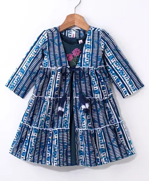 Babyhug Woven Ethnic Dress with Full Sleeves Shrug & Front Tie-Up Details Dots Print - Indigo