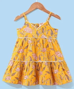 Babyhug 100% Cotton Woven Printed Overlap Ethnic Dress With Sequine Detailing - Yellow