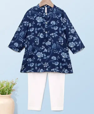 Babyhug 100% Cotton Woven Full Sleeves Kurta with Payjama Set Floral Print - Blue