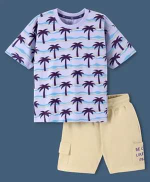 Ollington St. 100% Cotton Half Sleeves T-Shirt & Shorts Set Palm Tree Print - Purple & Beige