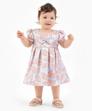 Bonfino Short Sleeves Jacquard Party Frock With Bow Leaf Embroidered - Blue