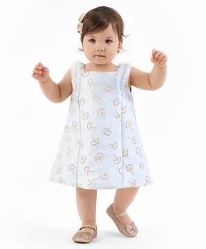 Bonfino Woven Sleeveless Party Dress Floral Print with Bow Applique - Blue