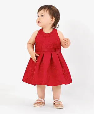 Bonfino Sleeveless Pleated Party Wear Frock Floral Embossment - Maroon