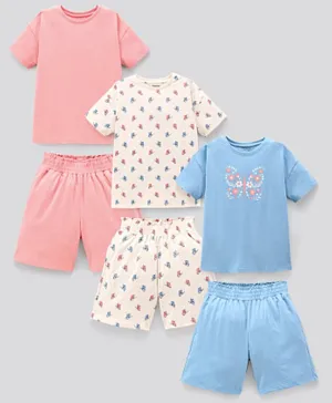 Primo Gino 100% Cotton Knit Half Sleeves Drop Shoulder Solid & Butterfly Printed Night Suit Pack of 3 - White Pink & Blue