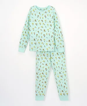 Primo Gino 100% Cotton Knit Full Sleeves Night Suit Floral Print- Aqua Green