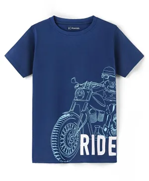 Pine Kids 100% Cotton Knit Half Sleeves Biowashed T-Shirt Bike Print - Blue