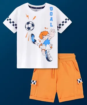Ollington St. 100% Cotton Half Sleeves T-Shirt & Shorts Football Print - White & Orange