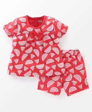 Babyhug Cotton Knit Half Sleeves Night Suit with Bow Applique Fruity Print - Red