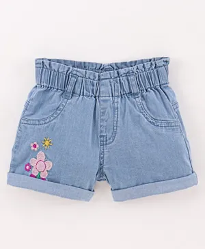 Bonfino 100% Cotton Elastane Denim Shorts with Floral Embroidery - Mid Blue
