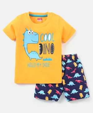Babyhug Cotton Knit Half Sleeves Night Suit Dino Print - Yellow & Navy