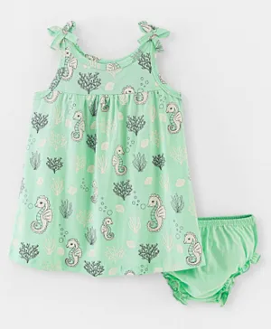 Doodle Poodle  100% Cotton Sleeveless Sea Horse Printed Strappy Frock with Bloomer - Mint Green