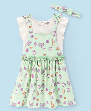 Doodle Poodle 100% Cotton Sea Life Printed Dungree Style Frock with Short Sleeves Solid Colour Inner Tee - Mint
