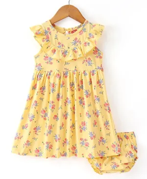 Babyhug 100% Cotton Sleeveless Frock With Bloomer Floral Print- Yellow