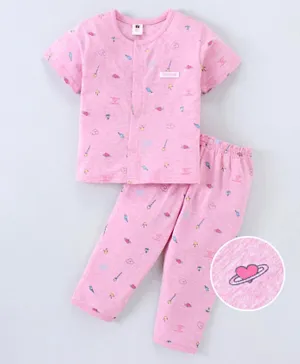 ToffyHouse Half Sleeves Heart Print Nightsuit - Pink