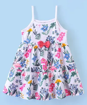 Babyhug 100% Cotton Knit Singlet Frock with Floral Print - White