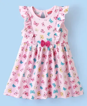 Babyhug 100% Cotton Knit Frill Sleeves Floral Printed Frocks - Pink