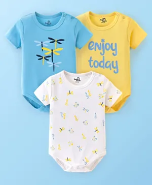 Doodle Poodle 100% Cotton Knit Half Sleeves Onesie With Text & Dragonfly Print Pack Of 3 - Blue White & Yellow
