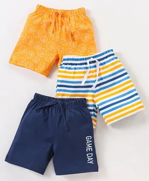 Babyhug Cotton Knit Knee Length Striped Shorts Volleyball Print Pack of 3 - Orange & Blue