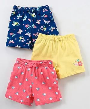 Babyhug Cotton Knit Mid Thigh Shorts with Bow Applique Floral Print Pack of 3 - Pink Yellow & Blue