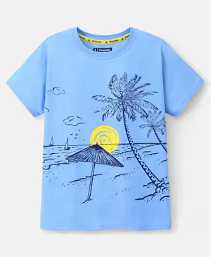 Pine Kids 100% Cotton Half Sleeves Biowashed T-Shirt Beach Print - Blue