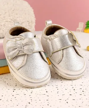 Babyoye Slip On Booties with Velcro Closure & Bow Applique - Silver