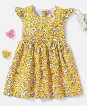 Babyhug Cotton Woven  Short Sleeves Fit & Flare Frock Floral Print - Yellow