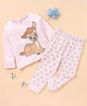 Babyhug Cotton Full Sleeves Night Suit Bambi Print- Peach