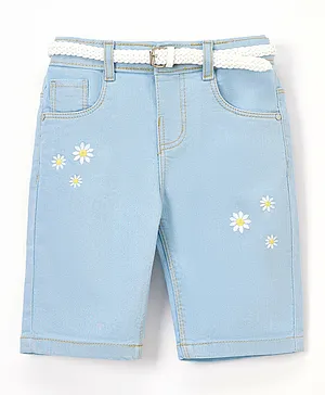 Babyhug Cotton Washed Denim Capri With Belt Floral Embroidery- Light Blue