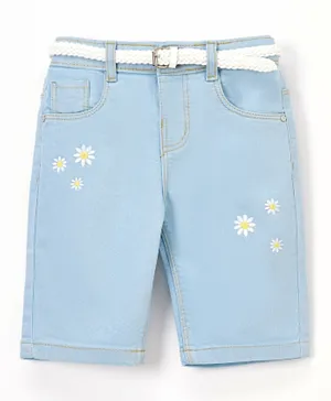 Babyhug Cotton Washed Denim Capri With Belt Floral Embroidery- Light Blue