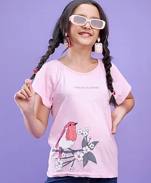 Pine Kids 100% Cotton Knit Frill Sleeves Bio Washed T-Shirt Sparrow Print - Pink