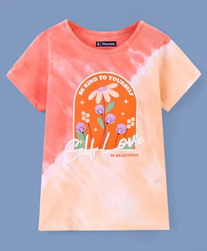 Pine Kids 100% Cotton Knit Half Sleeves Tie & Dye Bio Washed T-Shirt with Floral Puff Print - Peach