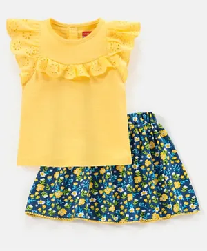 Babyhug 100% Cotton Sleeveless Top & Skirt Floral Print - Yellow & Blue
