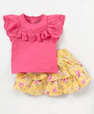 Babyhug 100% Cotton Knit Frill Sleeves Top & Skirt Set with Schiffili Lace Detailing & Floral Print - Pink & Yellow