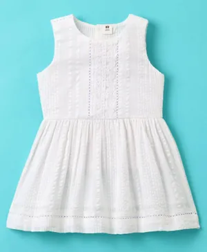 ToffyHouse 100% Cotton Woven Sleeveless Frock With Embroidery- White