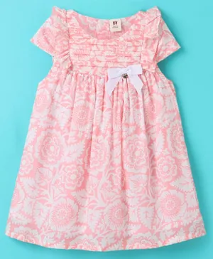 ToffyHouse 100% Cotton Woven Cap Sleeves Frock With Bow Applique Floral Print- Peach