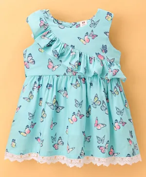 ToffyHouse Sleeveless Frill Detailing Frock Butterfly Print - Azure Blue
