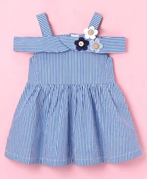 ToffyHouse 100% Woven Cotton Yarn Dyed Sleeveless Striped Frock with Flower Applique - Blue