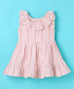 ToffyHouse 100% Woven Cotton Yarn Dyed Seersucker Frill Sleeves Striped Frock - Pink