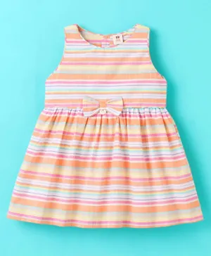 ToffyHouse 100% Cotton Woven Sleeveless Frock With Bow Applique Striped- Peach & White
