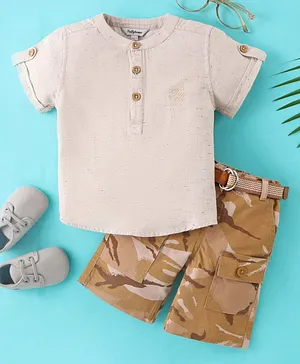 ToffyHouse Cotton Woven Half Sleeves Solid Shirt and Camouflage Shorts Set - Beige & Brown