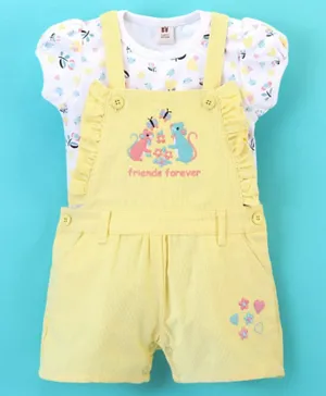 ToffyHouse Corduroy Dungaree & Half Sleeves Top Mouse Embroidered - Yellow