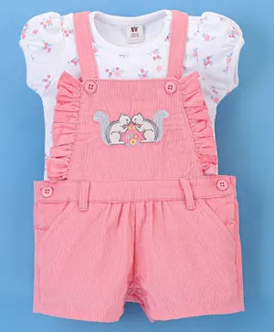 ToffyHouse Half Sleeves Top With Dungaree Squirrel Patch & Floral Print - Pink & White