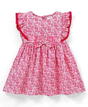 Babyhug 100% Viscose Short Sleeves Frock Abstract Print with Bow Applique - Pink