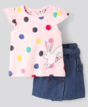 ToffyHouse Cotton Knit Cap Sleeves Tops & Skirt Set Polka Dots & Bunny Print - Light Pink & Blue