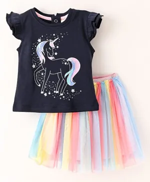 ToffyHouse Half Sleeves Top & Skirt Set Unicorn Print - Pink & Navy Blue